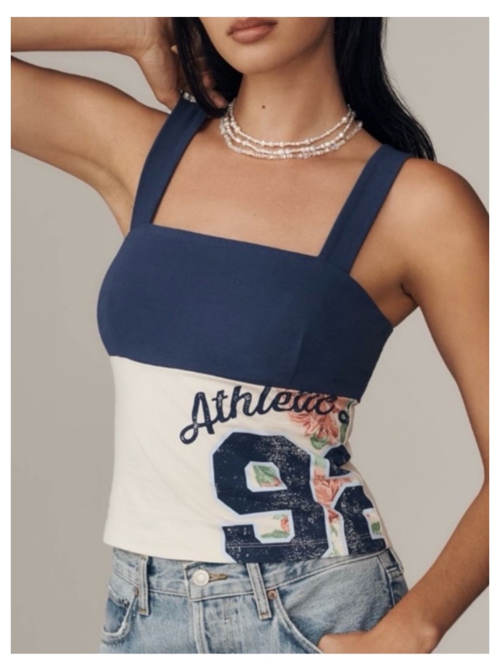 NWT ANTHROPOLOGIE Color Block Tank w/ Floral Graphics in Navy/White